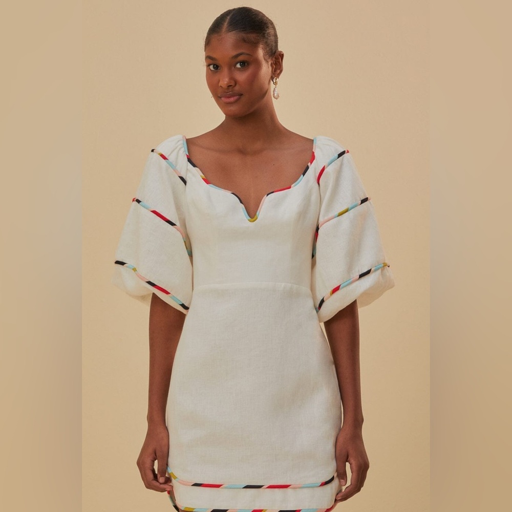 Farm Rio Elegant White Dress with Colorful Accents
